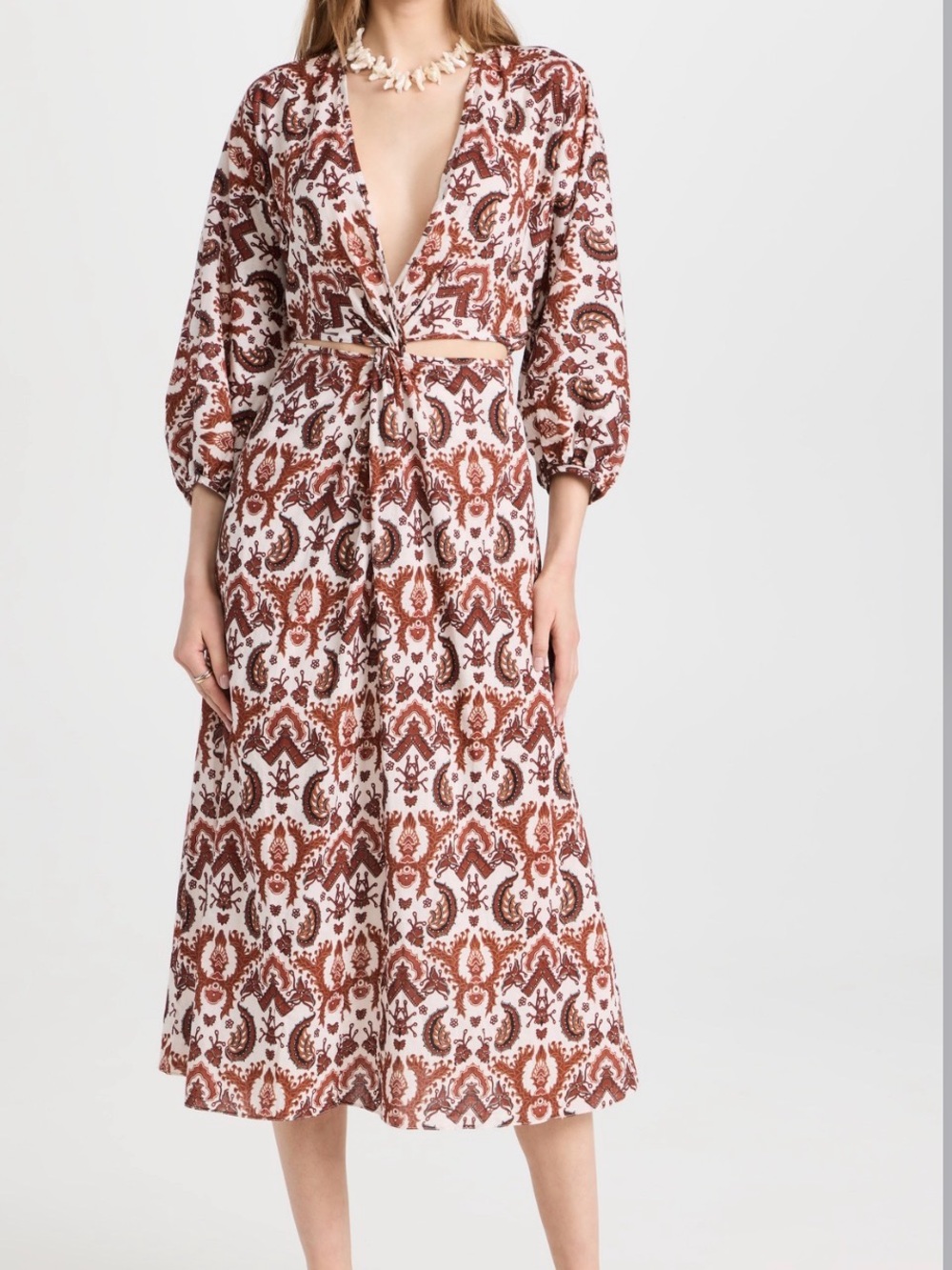 Twist Front Printed Midi Dress in Brown and White